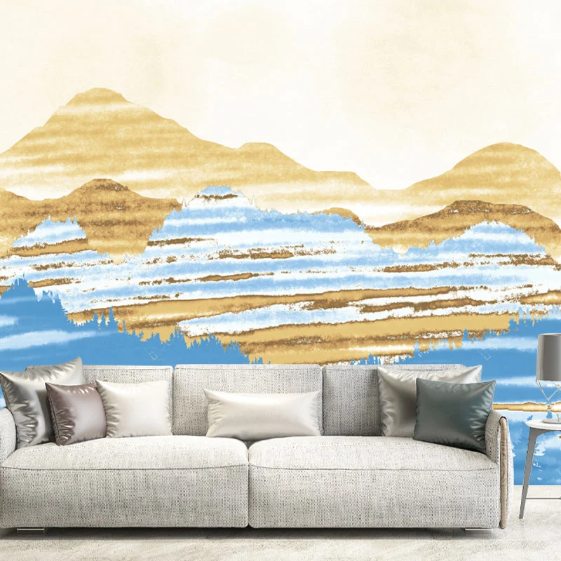 Aquarelle der Bergwandmalerei für Schlafzimmerdekoration, Blau und Gelb, individuell bedruckt Clearhalo
