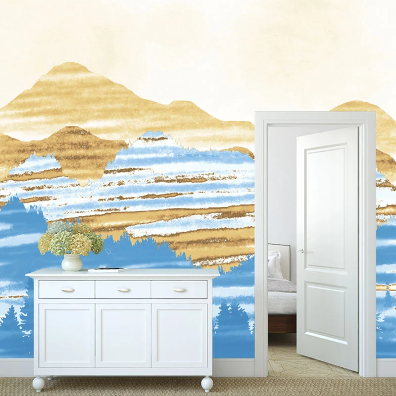 Aquarelle der Bergwandmalerei für Schlafzimmerdekoration, Blau und Gelb, individuell bedruckt Clearhalo