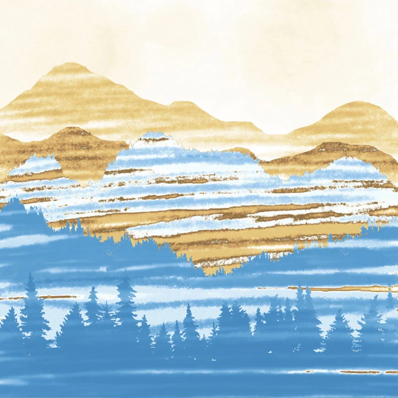 Aquarelle der Bergwandmalerei für Schlafzimmerdekoration, Blau und Gelb, individuell bedruckt Clearhalo
