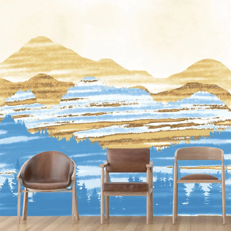 Aquarelle der Bergwandmalerei für Schlafzimmerdekoration, Blau und Gelb, individuell bedruckt Clearhalo