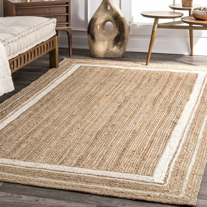Bauernhof-Schlafzimmerteppich, mehrfarbig, einfarbig, Jute-Teppich, handgefertigt, Naturfaser-Teppich Clearhalo