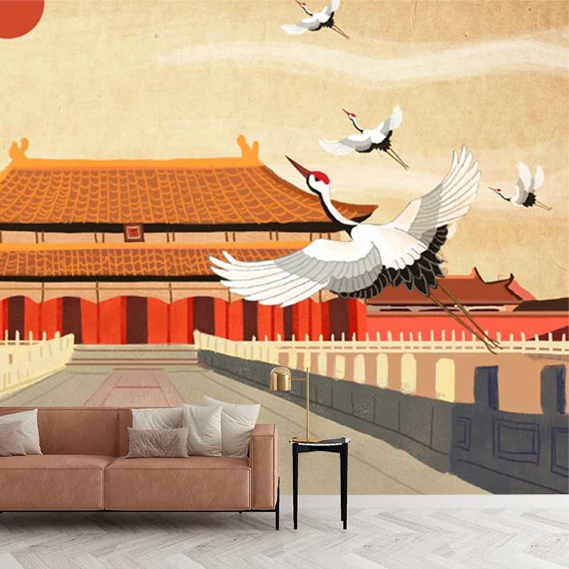 Beigefarbener Weg zum Palast, wasserfeste Wanddekoration für Wohnzimmer im chinesischen Stil Clearhalo