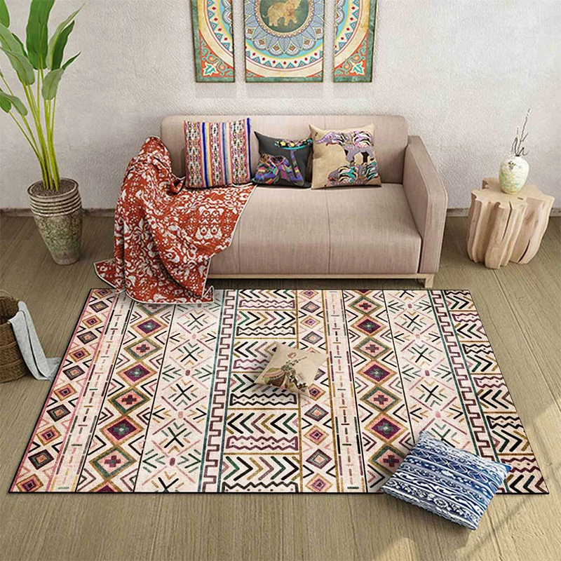 Beiger Tribal-Teppich aus Polyester mit geometrischem und gestreiftem Muster, waschbarer, rutschfester Teppich für das Woh...