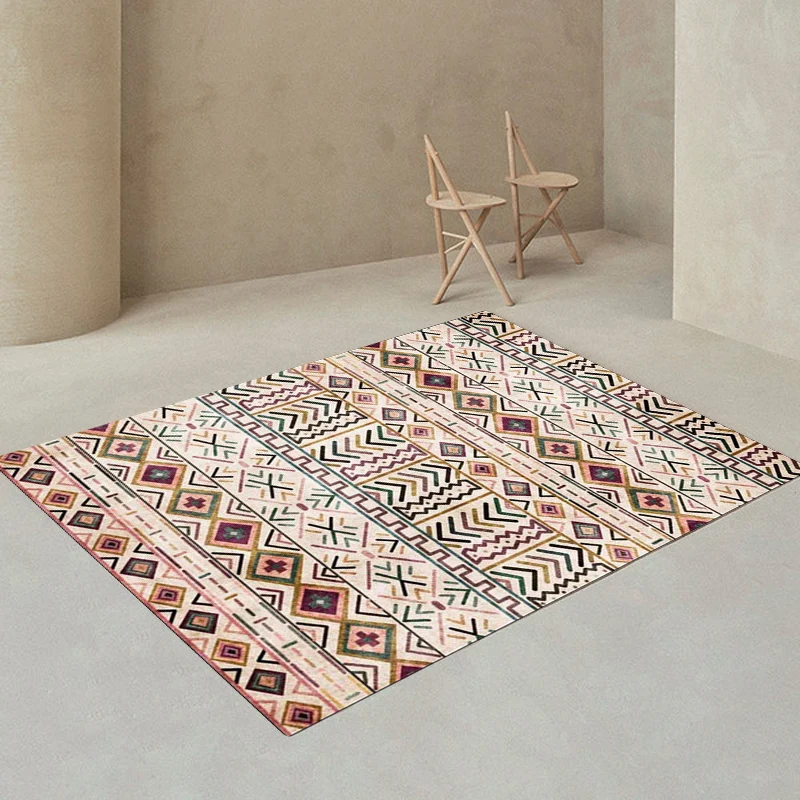 Beiger Tribal-Teppich aus Polyester mit geometrischem und gestreiftem Muster, waschbarer, rutschfester Teppich für das Woh...