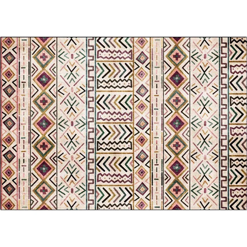 Beiger Tribal-Teppich aus Polyester mit geometrischem und gestreiftem Muster, waschbarer, rutschfester Teppich für das Woh...