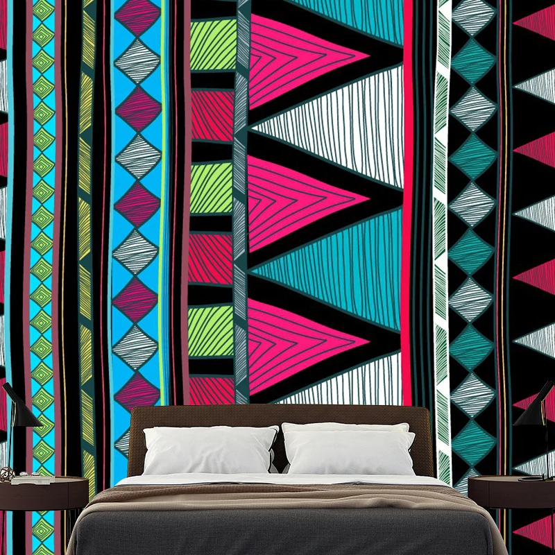 Benutzerdefinierte Illustration Boho-Wandtapete mit nahtlosem geometrischem Muster, Rosenrot-Blau-Grün Clearhalo