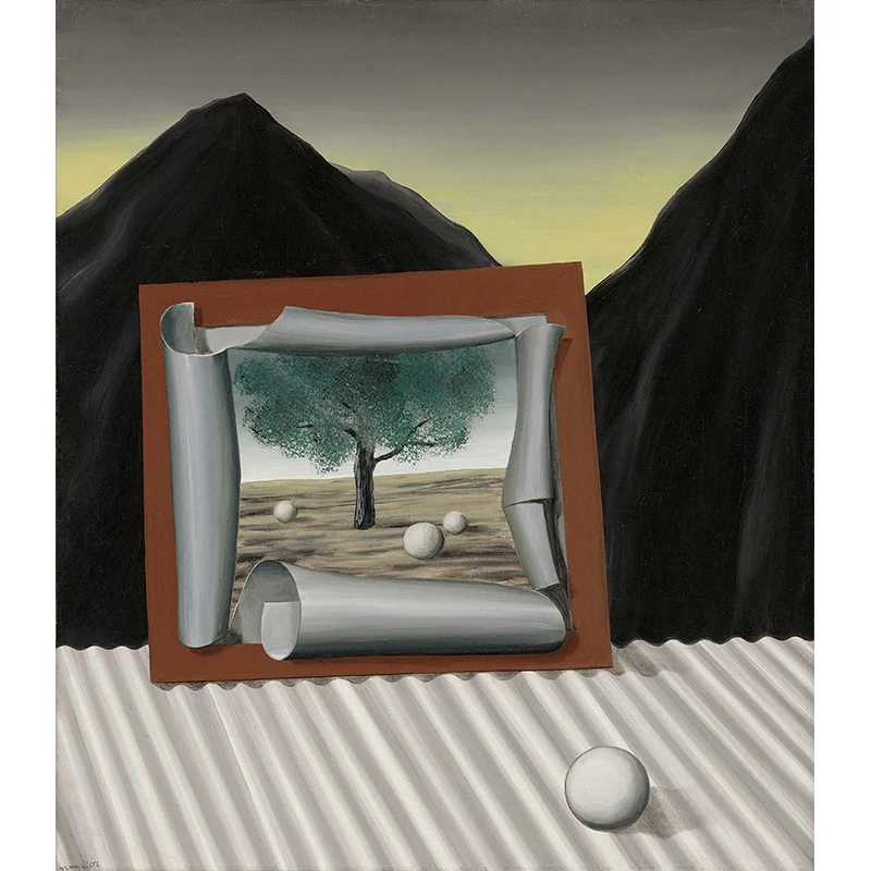 Benutzerdefinierte Illustration eines surrealen Wandbildes mit Rene Magritte, der Zeichen des Abendgemäldes Grau-Schwarz C...