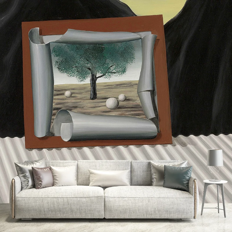 Benutzerdefinierte Illustration eines surrealen Wandbildes mit Rene Magritte, der Zeichen des Abendgemäldes Grau-Schwarz C...