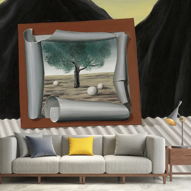 Benutzerdefinierte Illustration eines surrealen Wandbildes mit Rene Magritte, der Zeichen des Abendgemäldes Grau-Schwarz C...
