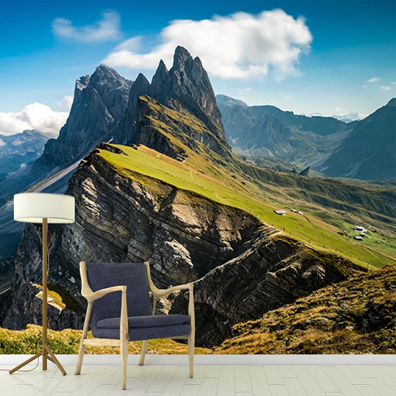 Berge mit Wolken Wandgemälde Grün Zeitgenössische Wandverkleidung für Wohnzimmer Clearhalo