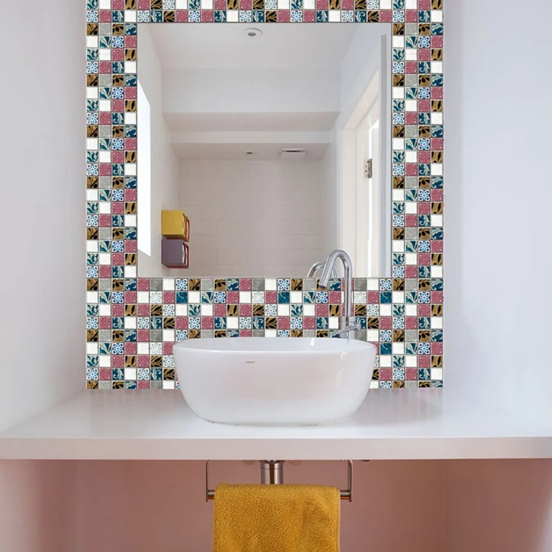 Böhmische abstrakte Mosaikfliesen-Tapeten, rot-gelb-blaue Peel-Wandkunst für Badezimmer Clearhalo