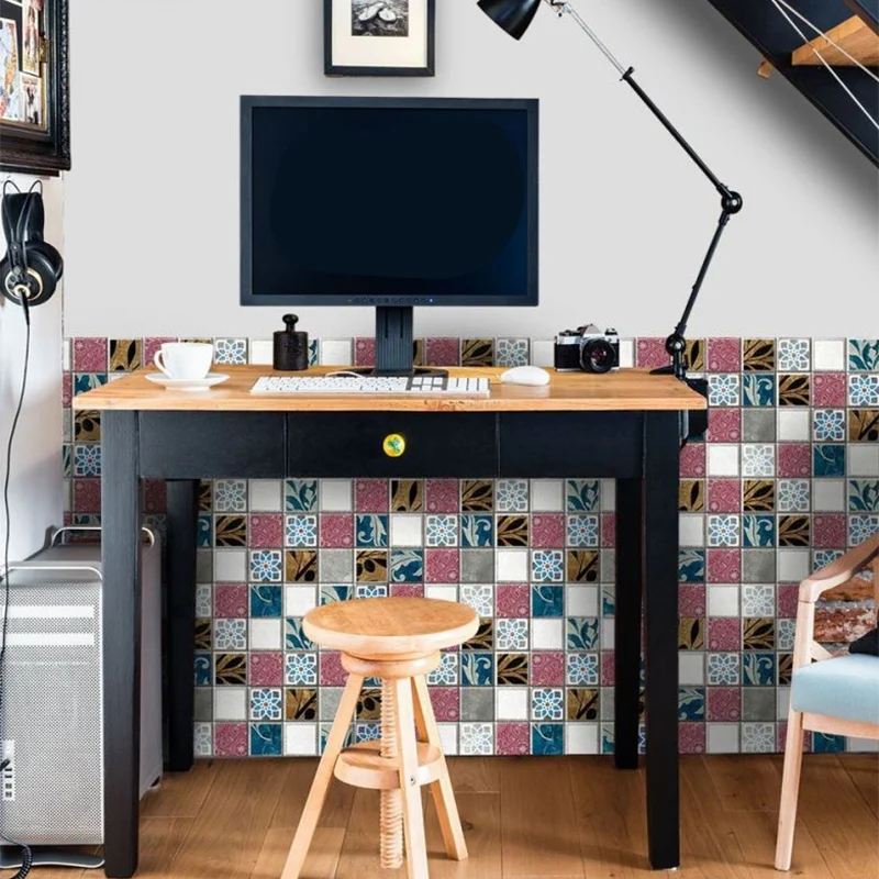 Böhmische abstrakte Mosaikfliesen-Tapeten, rot-gelb-blaue Peel-Wandkunst für Badezimmer Clearhalo