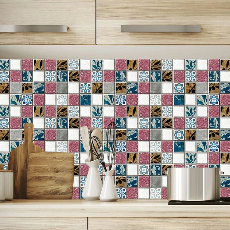 Böhmische abstrakte Mosaikfliesen-Tapeten, rot-gelb-blaue Peel-Wandkunst für Badezimmer Clearhalo