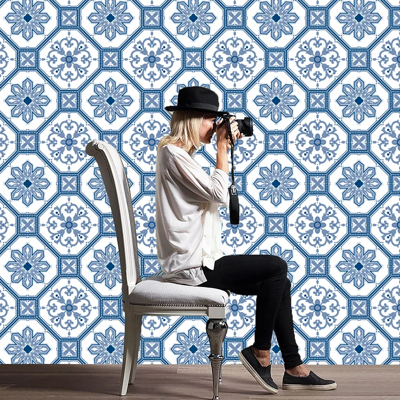 Blaue Blumen-Tapetenpaneele, selbstklebende Badezimmer-Bohemien-Wandverkleidung (20 Stück) Clearhalo