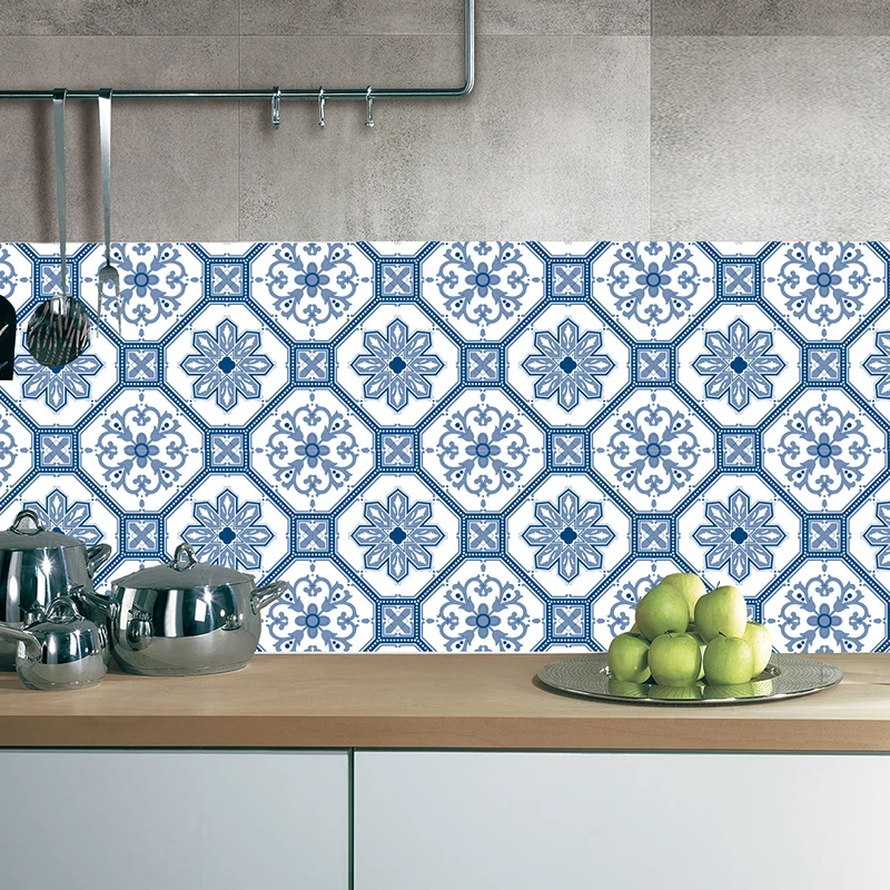 Blaue Blumen-Tapetenpaneele, selbstklebende Badezimmer-Bohemien-Wandverkleidung (20 Stück) Clearhalo