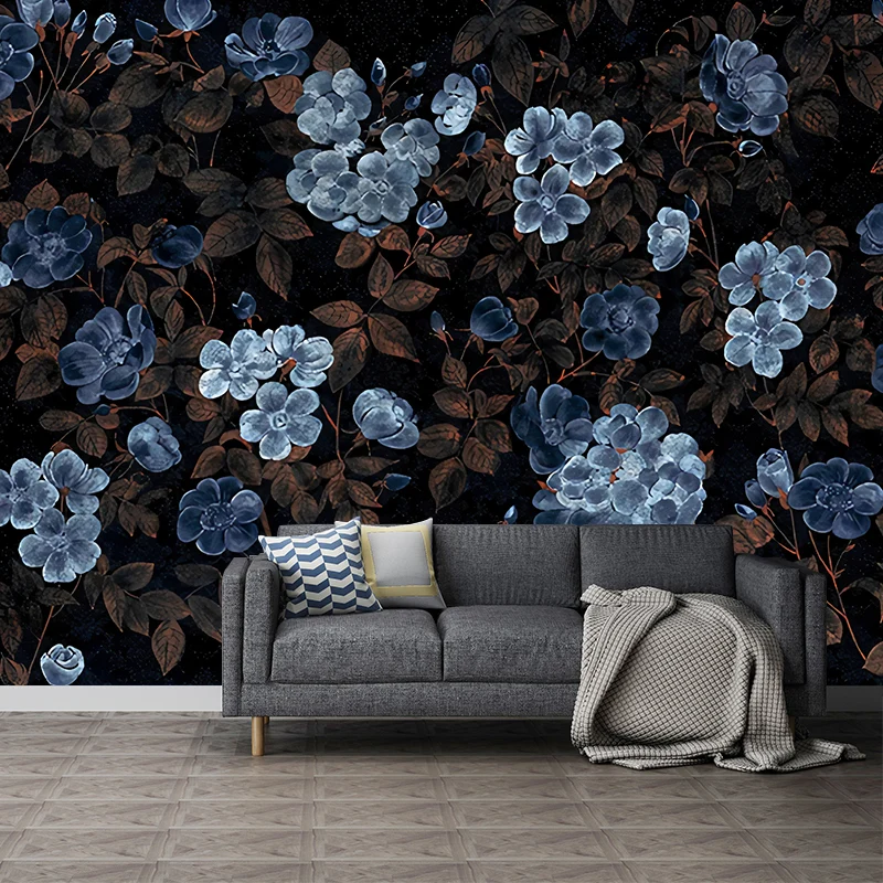 Blaue und schwarze Blumen-Wandtapete für Schlafzimmer, dekorative Wandkunst, personalisierte Größe erhältlich Clearhalo