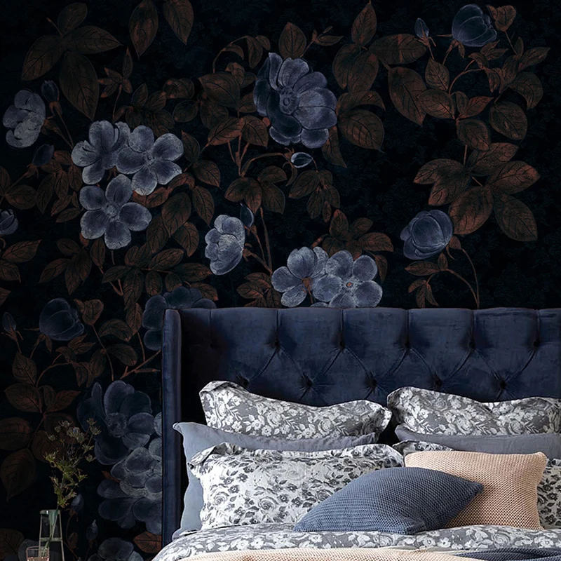 Blaue und schwarze Blumen-Wandtapete für Schlafzimmer, dekorative Wandkunst, personalisierte Größe erhältlich Clearhalo