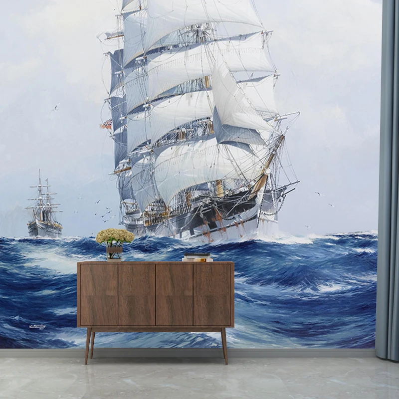 Blaue und weiße Boot-Wandtapete, feuchtigkeitsbeständige Wandverkleidung für das Esszimmer Clearhalo