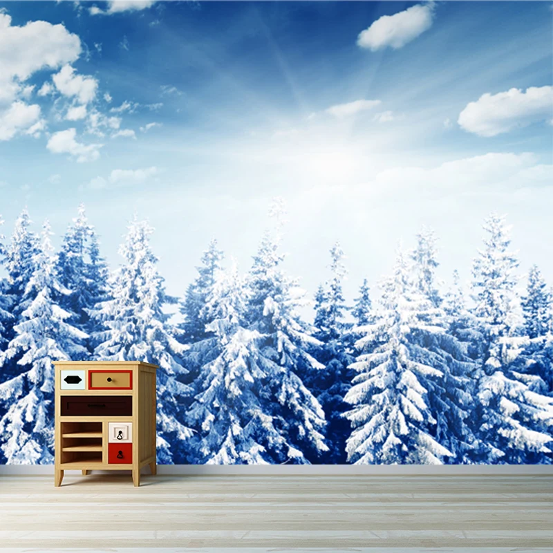 Blaue, verschneite Kiefern, Wandaufkleber, feuchtigkeitsbeständig, nordisches Wohnzimmer, Wandkunst Clearhalo