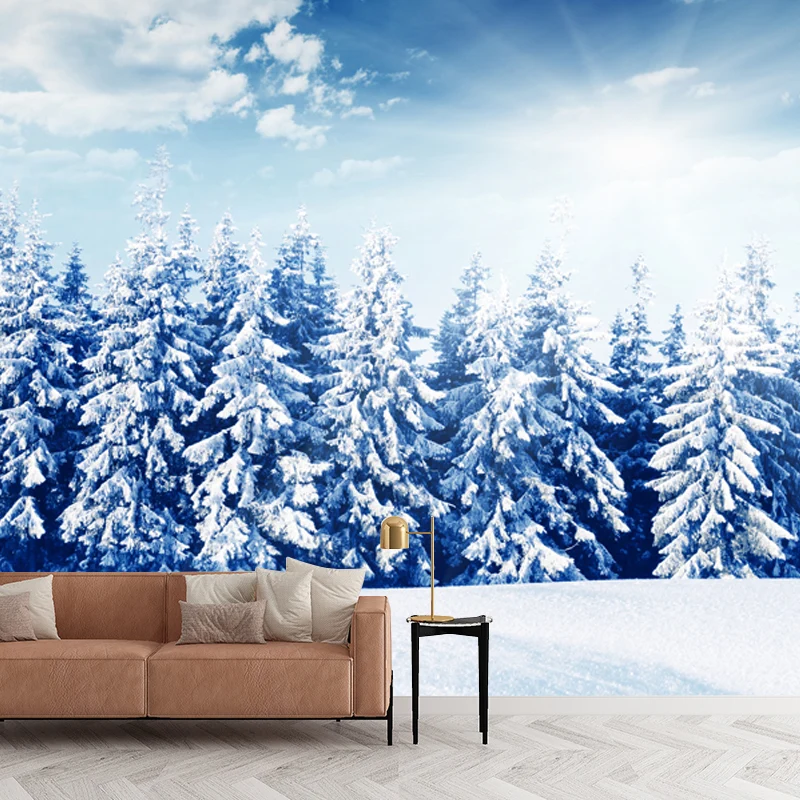 Blaue, verschneite Kiefern, Wandaufkleber, feuchtigkeitsbeständig, nordisches Wohnzimmer, Wandkunst Clearhalo