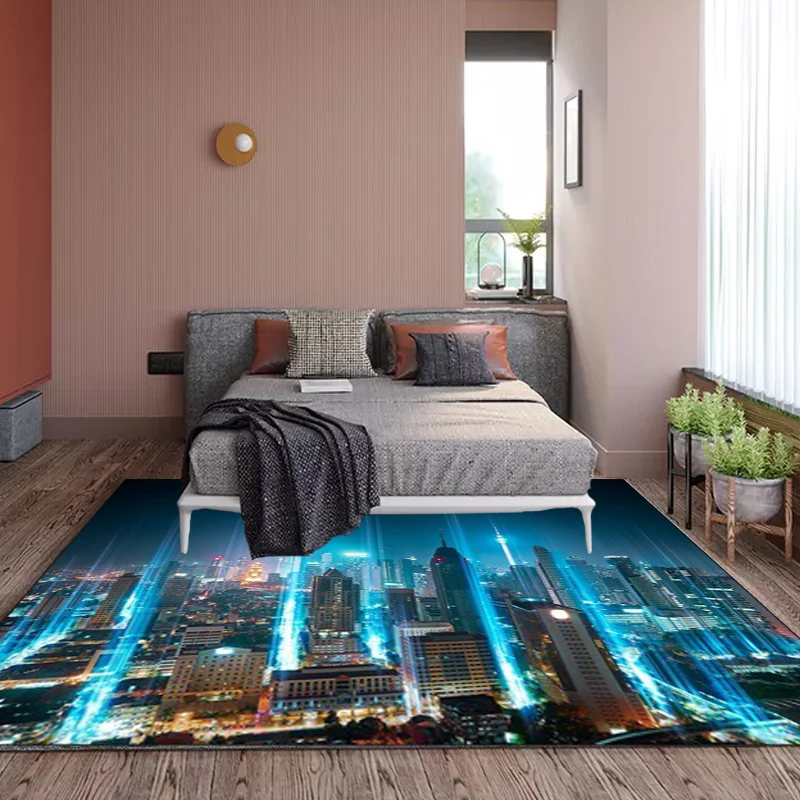 Blauer moderner Teppich aus Polyester mit Geographie-Muster, waschbarer, rutschfester Teppich für das Wohnzimmer Clearhalo