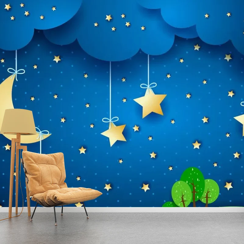 Blauer Mond und Sterne, feuchtigkeitsbeständige Wandverkleidung für die Dekoration von Kinderzimmern Clearhalo