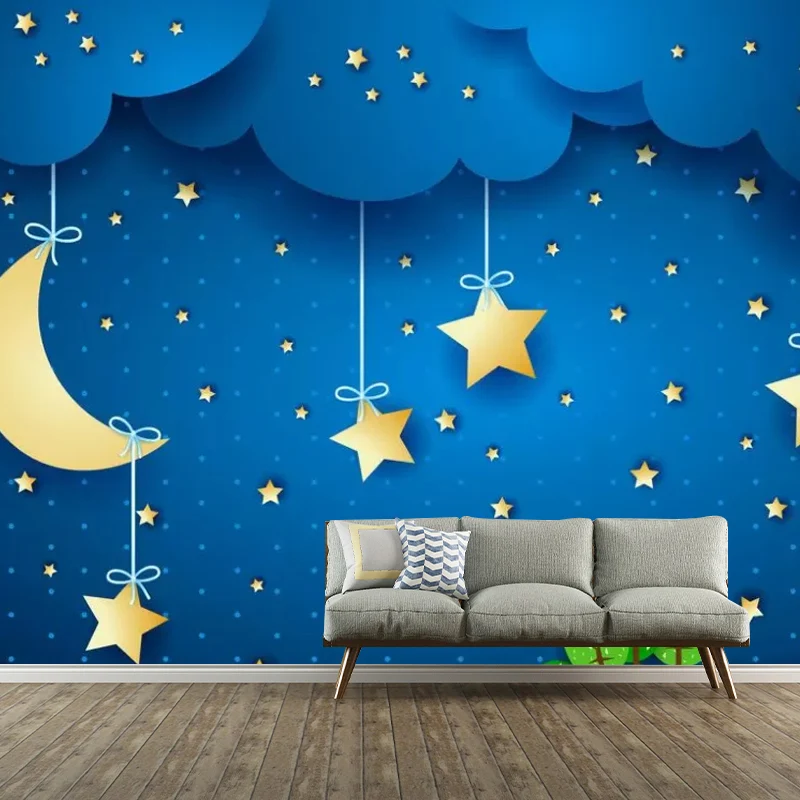 Blauer Mond und Sterne, feuchtigkeitsbeständige Wandverkleidung für die Dekoration von Kinderzimmern Clearhalo