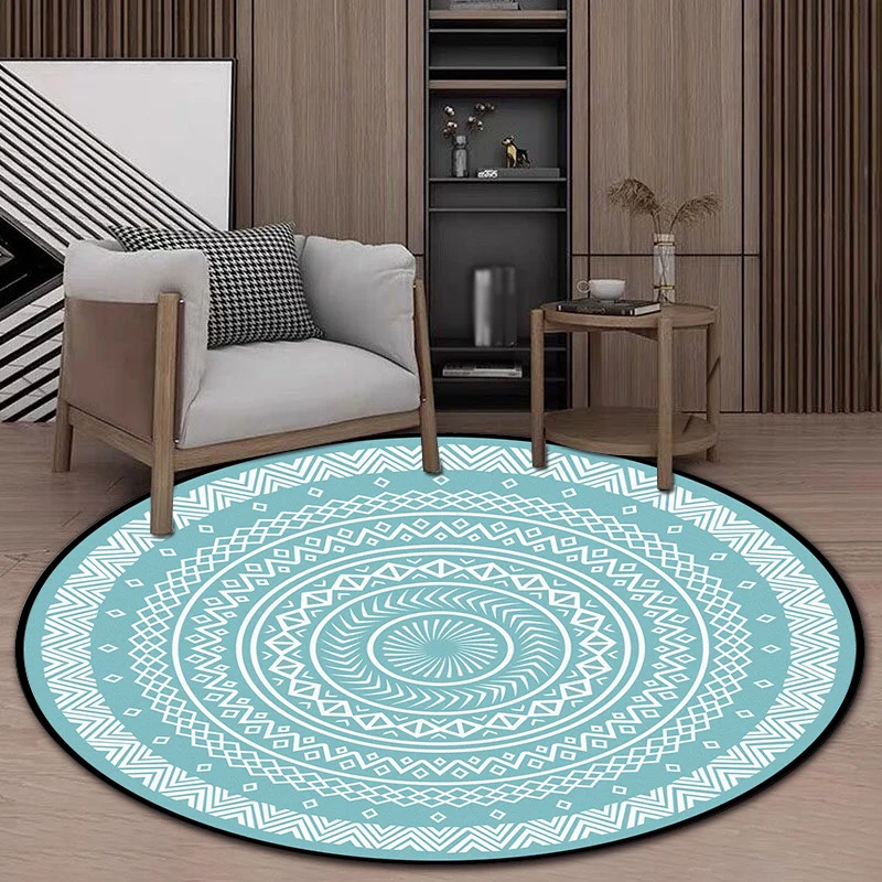 Blauer Schlafzimmerteppich, böhmischer Teppich mit kreisförmigem Chevron- und Rautenmuster, Polyester, haustierfreundliche...