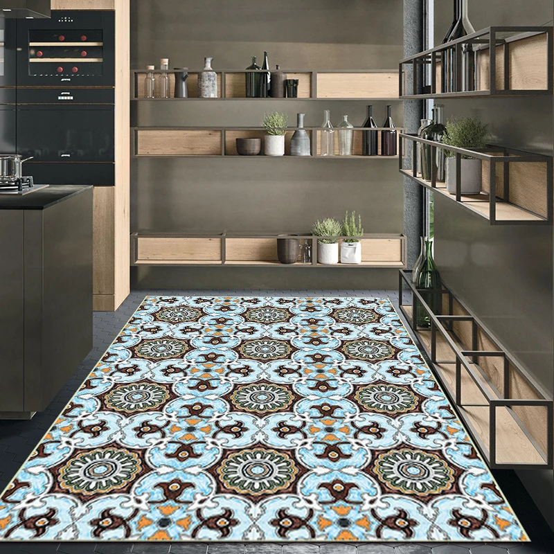 Blauer und brauner marokkanischer Teppich aus Polyester mit Blumenmuster, rutschfester Teppich für Heimdekoration Clearhalo