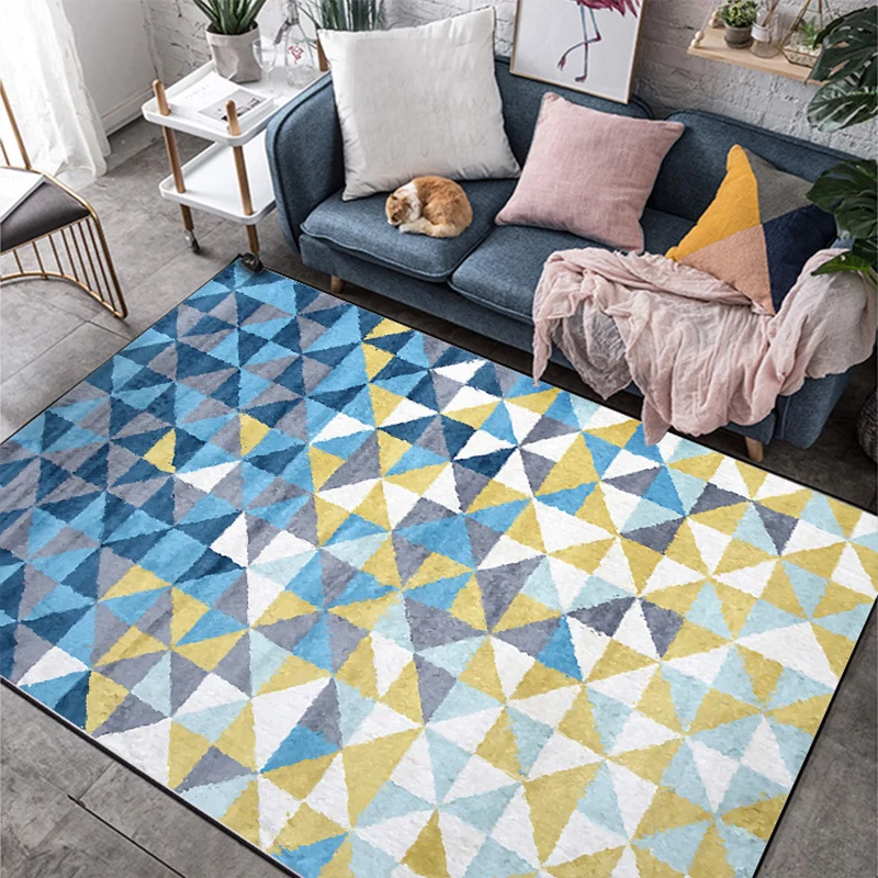 Blauer und gelber Schlafzimmerteppich, moderner Teppich mit geometrischem Dreiecksmuster, Polyester, maschinenwaschbarer,...
