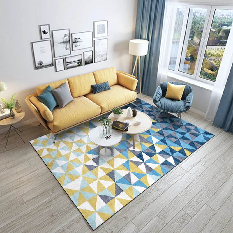 Blauer und gelber Schlafzimmerteppich, moderner Teppich mit geometrischem Dreiecksmuster, Polyester, maschinenwaschbarer,...