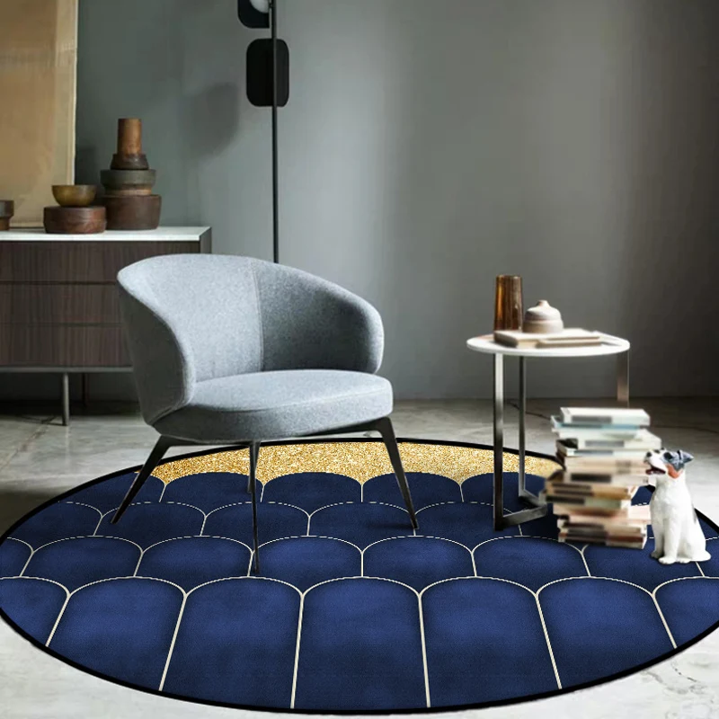 Blauer und goldener moderner Teppich aus Polypropylen mit geometrischem Muster, haustierfreundlich, waschbar, rutschfester...