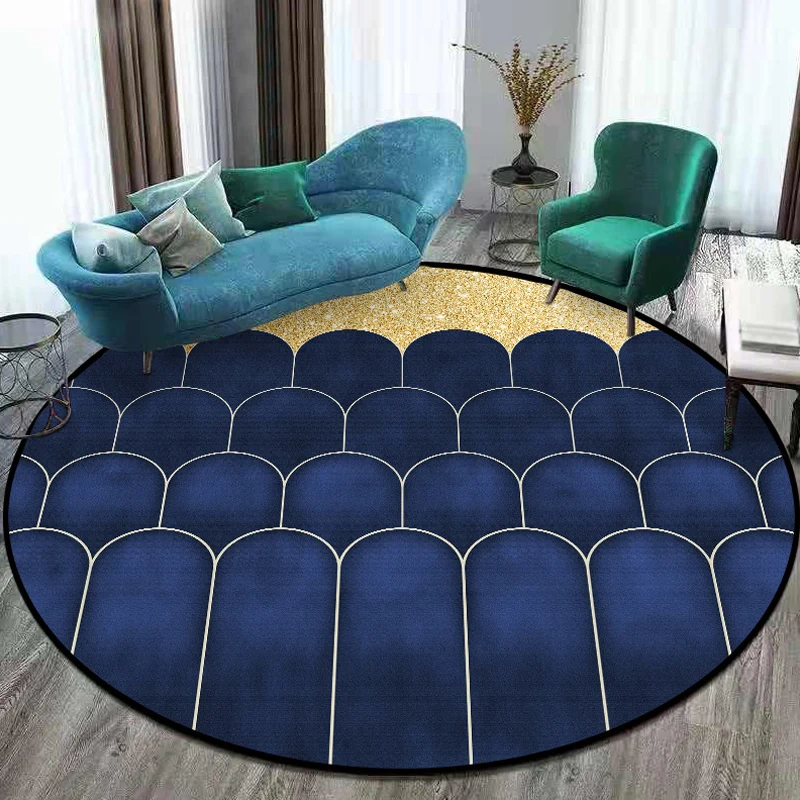 Blauer und goldener moderner Teppich aus Polypropylen mit geometrischem Muster, haustierfreundlich, waschbar, rutschfester...