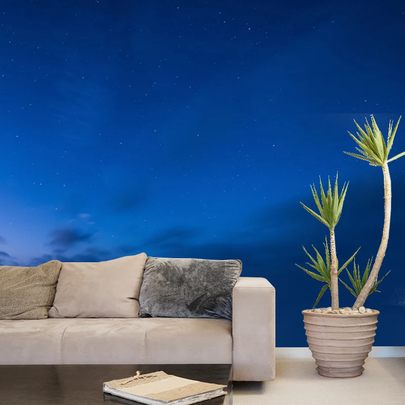 Blauer zeitgenössischer Wandaufkleber voller Größe, Wolken- und Sternenhimmel-Wanddekoration für Schlafzimmer Clearhalo