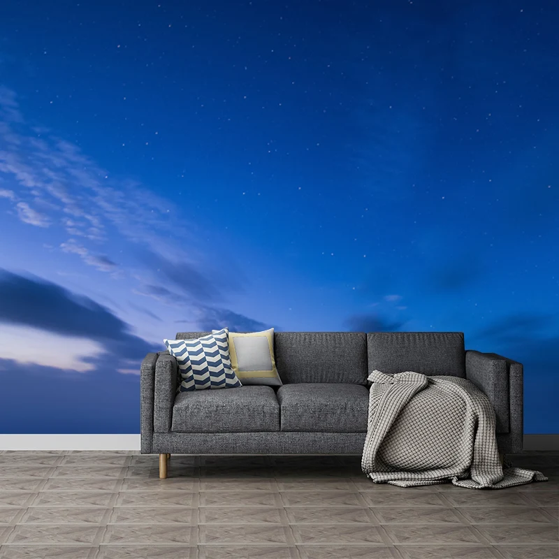 Blauer zeitgenössischer Wandaufkleber voller Größe, Wolken- und Sternenhimmel-Wanddekoration für Schlafzimmer Clearhalo