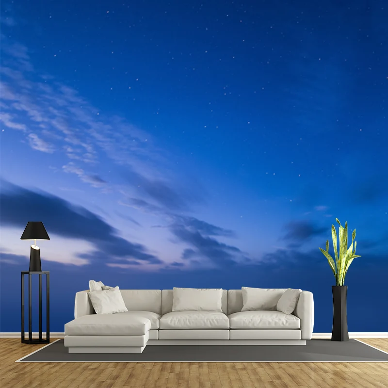 Blauer zeitgenössischer Wandaufkleber voller Größe, Wolken- und Sternenhimmel-Wanddekoration für Schlafzimmer Clearhalo