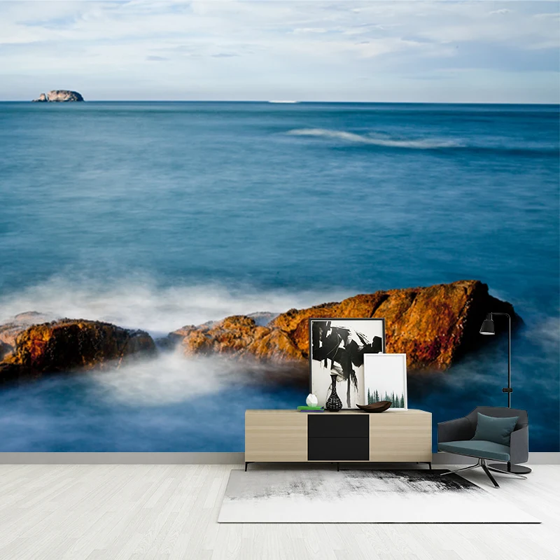 Blaues Meer- und Felsen-Wandbild, schmutzabweisend, zeitgenössische Schlafzimmer-Wanddekoration, Vliesstoff Clearhalo