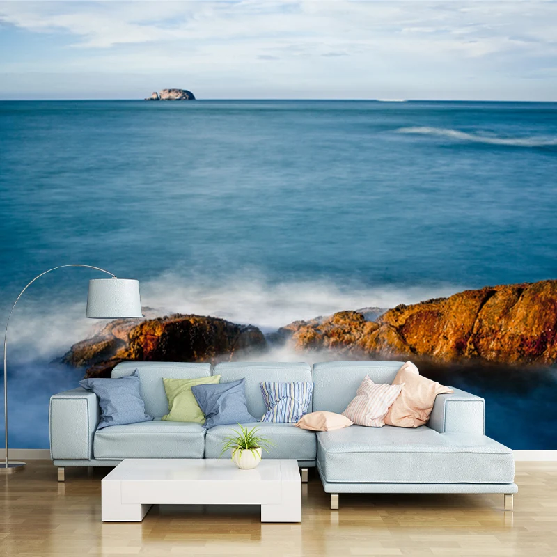 Blaues Meer- und Felsen-Wandbild, schmutzabweisend, zeitgenössische Schlafzimmer-Wanddekoration, Vliesstoff Clearhalo