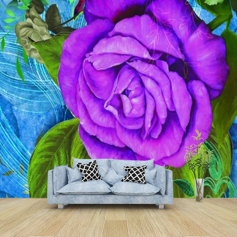 Blau-lila Rosen-Wandgemälde, Tapete, Blume, moderne, schmutzabweisende Wanddekoration für Schlafzimmer Clearhalo