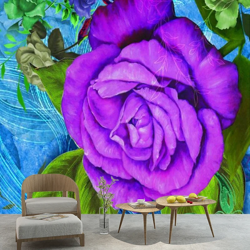 Blau-lila Rosen-Wandgemälde, Tapete, Blume, moderne, schmutzabweisende Wanddekoration für Schlafzimmer Clearhalo