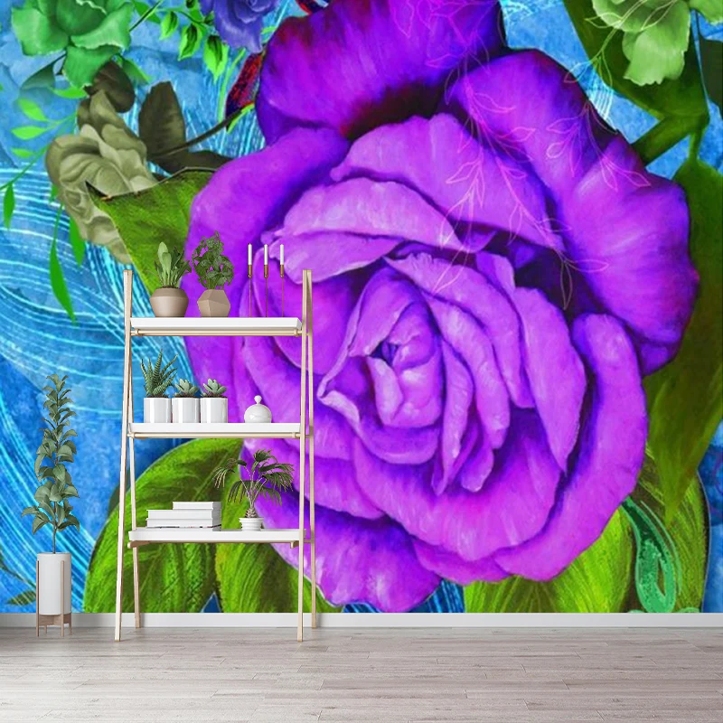 Blau-lila Rosen-Wandgemälde, Tapete, Blume, moderne, schmutzabweisende Wanddekoration für Schlafzimmer Clearhalo