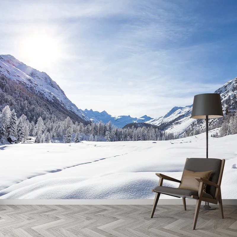 Blau-weiße, verschneite Straßenwandbilder, Berglandschaft, moderne, wasserdichte Wanddekoration für Schlafzimmer Clearhalo