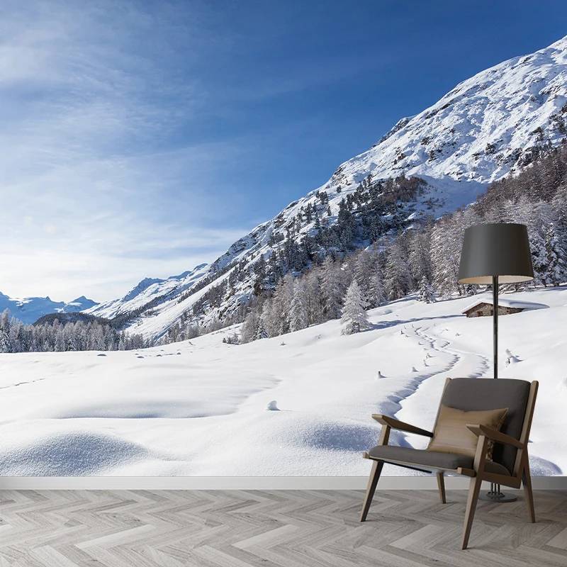 Blau-weiße, verschneite Straßenwandbilder, Berglandschaft, moderne, wasserdichte Wanddekoration für Schlafzimmer Clearhalo