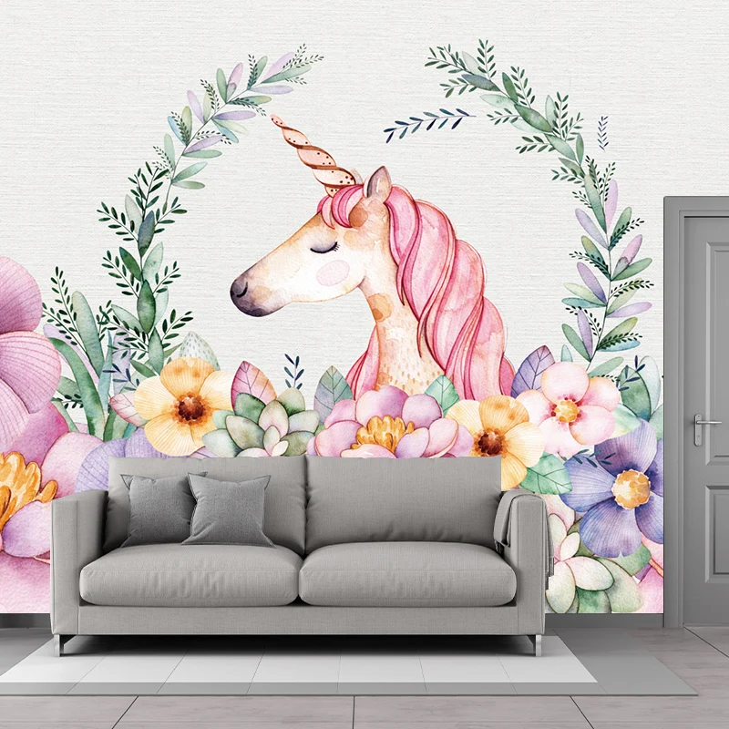 Blumenbordüre mit Einhornkopf, Cartoon-Wanddekoration mit glatter Textur Rosa-Grün Clearhalo
