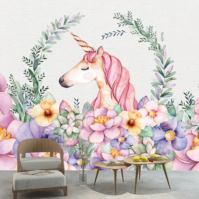 Blumenbordüre mit Einhornkopf, Cartoon-Wanddekoration mit glatter Textur Rosa-Grün Clearhalo