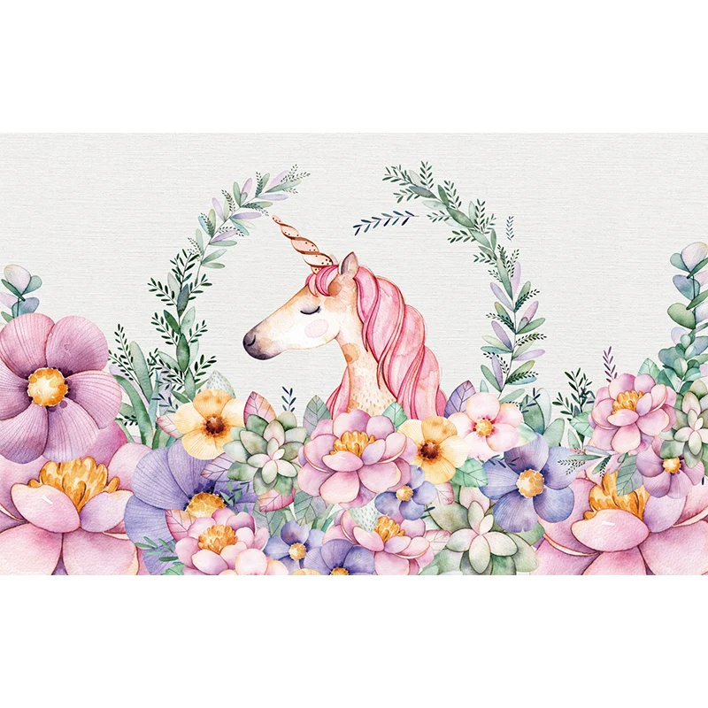 Blumenbordüre mit Einhornkopf, Cartoon-Wanddekoration mit glatter Textur Rosa-Grün Clearhalo