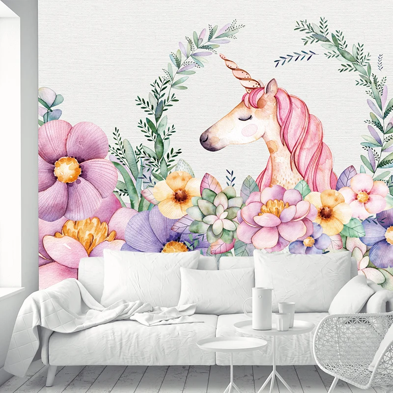 Blumenbordüre mit Einhornkopf, Cartoon-Wanddekoration mit glatter Textur Rosa-Grün Clearhalo