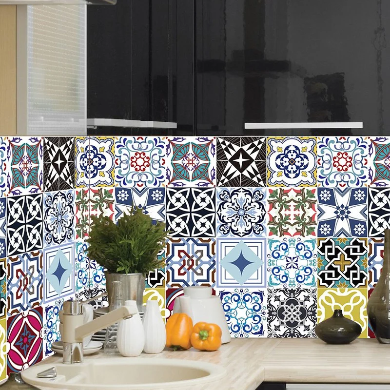 Blumenmosaikfliesen-Tapeten im Boho-Chic-Stil, glatte Wandkunst Blau-Lila, abziehen und aufkleben Clearhalo