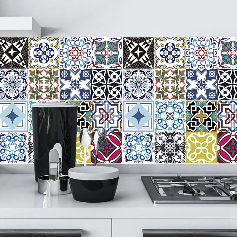 Blumenmosaikfliesen-Tapeten im Boho-Chic-Stil, glatte Wandkunst Blau-Lila, abziehen und aufkleben Clearhalo