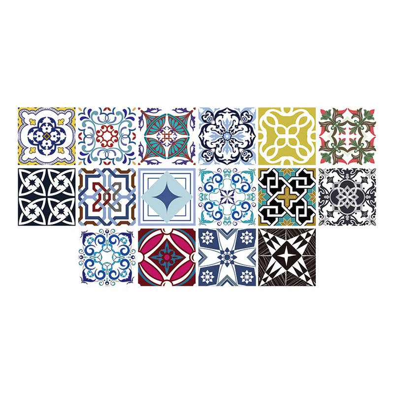 Blumenmosaikfliesen-Tapeten im Boho-Chic-Stil, glatte Wandkunst Blau-Lila, abziehen und aufkleben Clearhalo